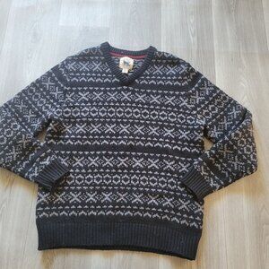 Refectory Mens V-Neck Wool Blend Pullover Sweater Gray & White Pattern Size L